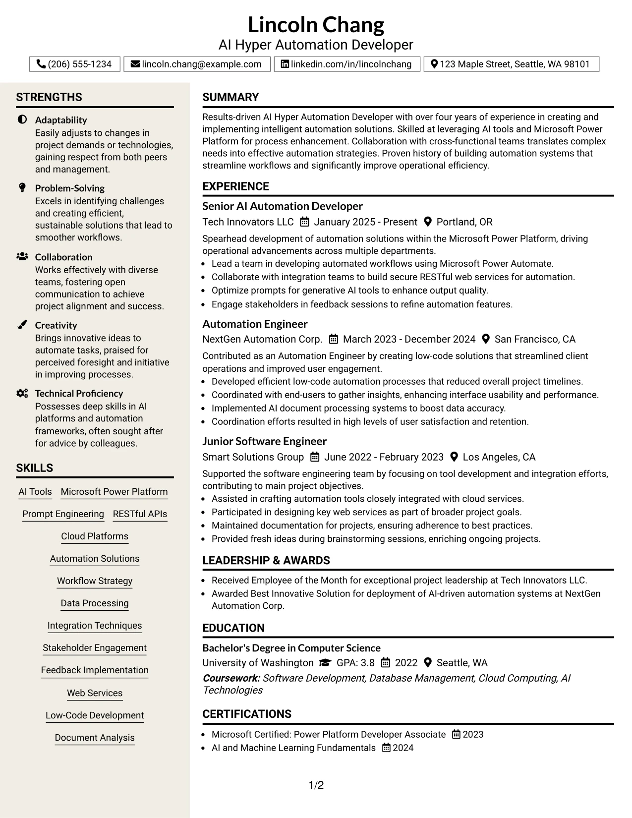 Resume Example Page 1