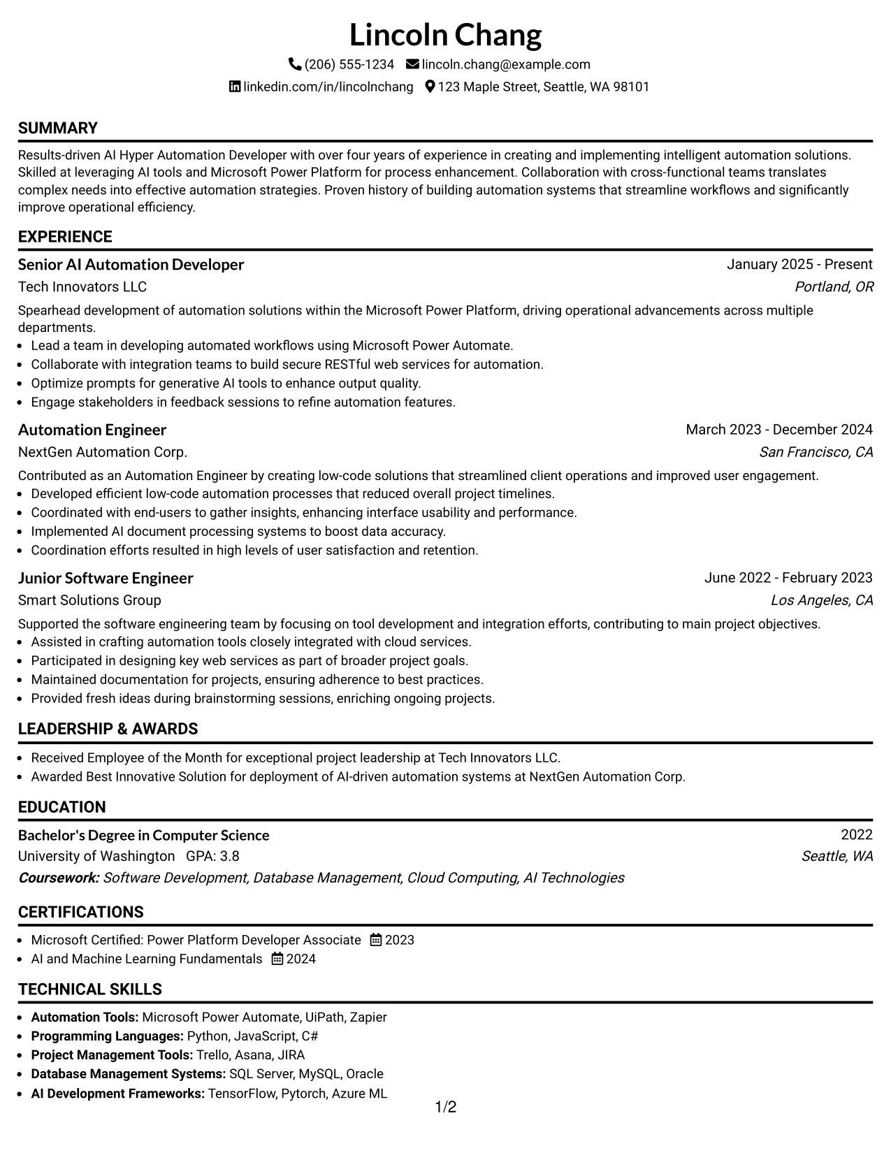 Resume Example Page 1