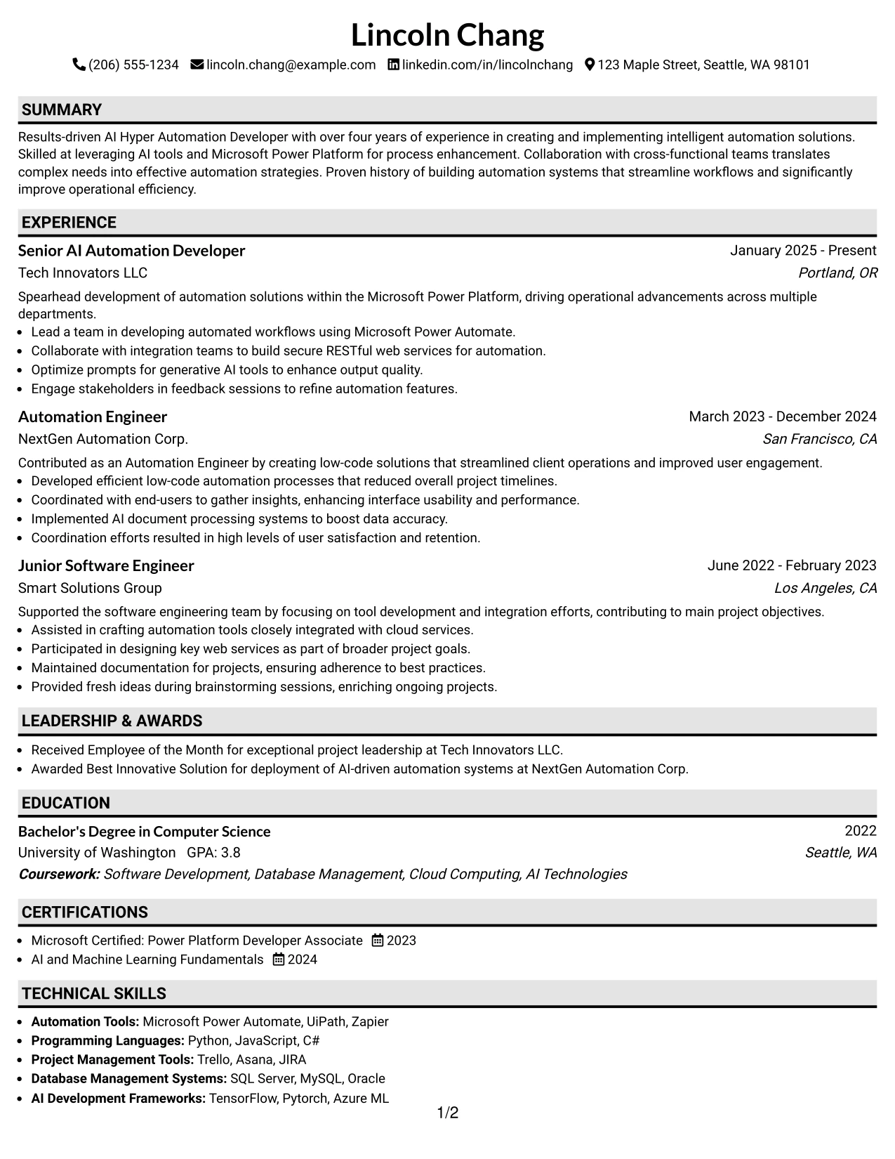 Resume Example Page 1