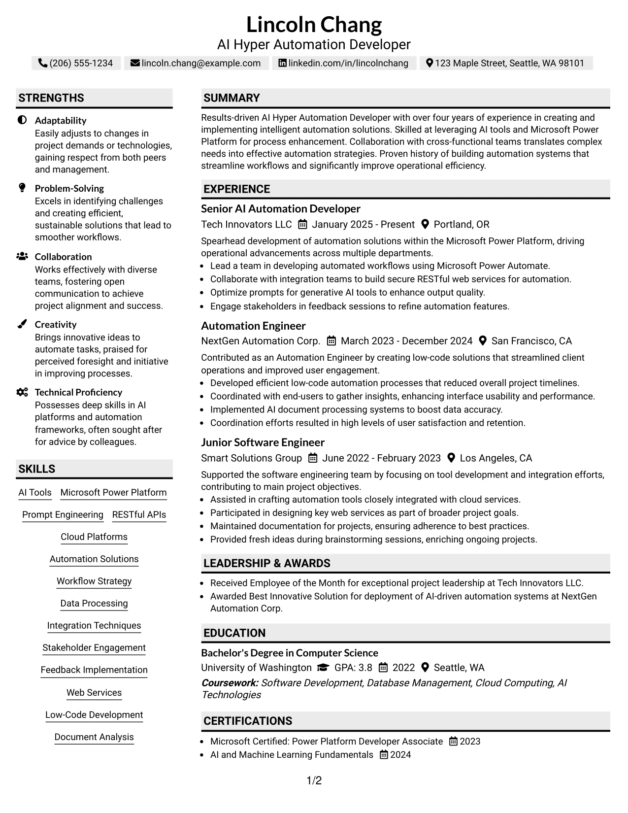 Resume Example Page 1