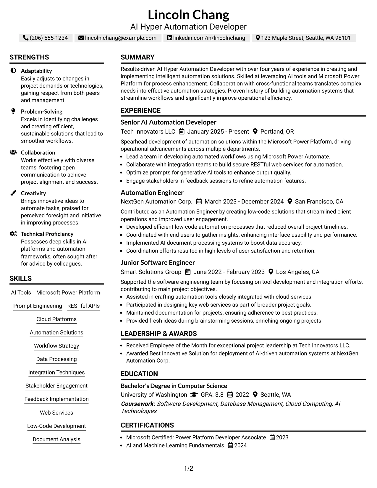 Resume Example Page 1