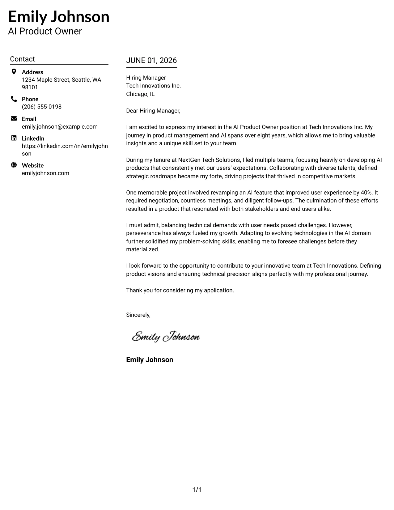 Resume Example Page 1