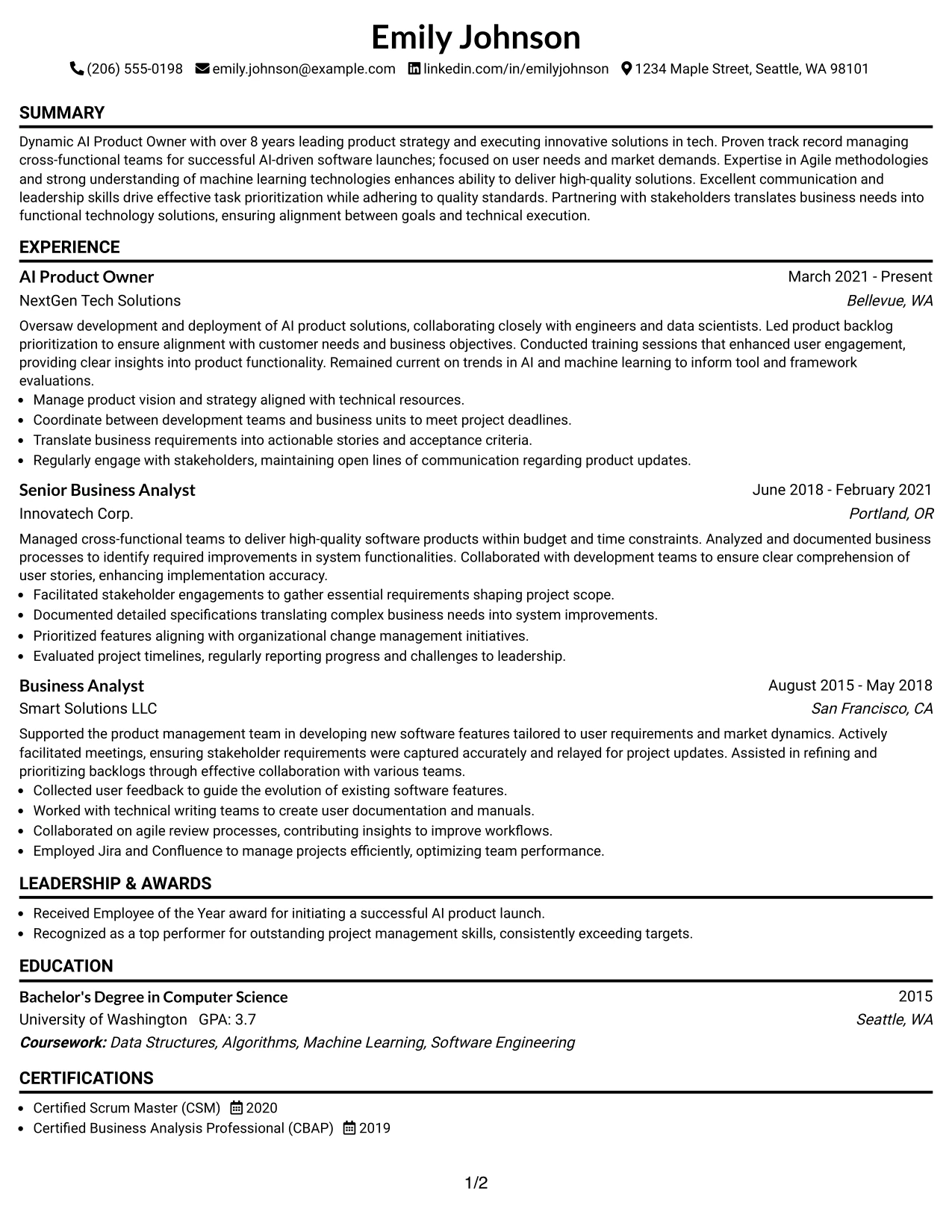 Resume Example Page 1