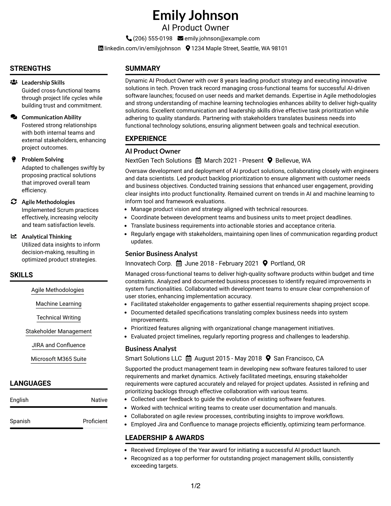 Resume Example Page 1
