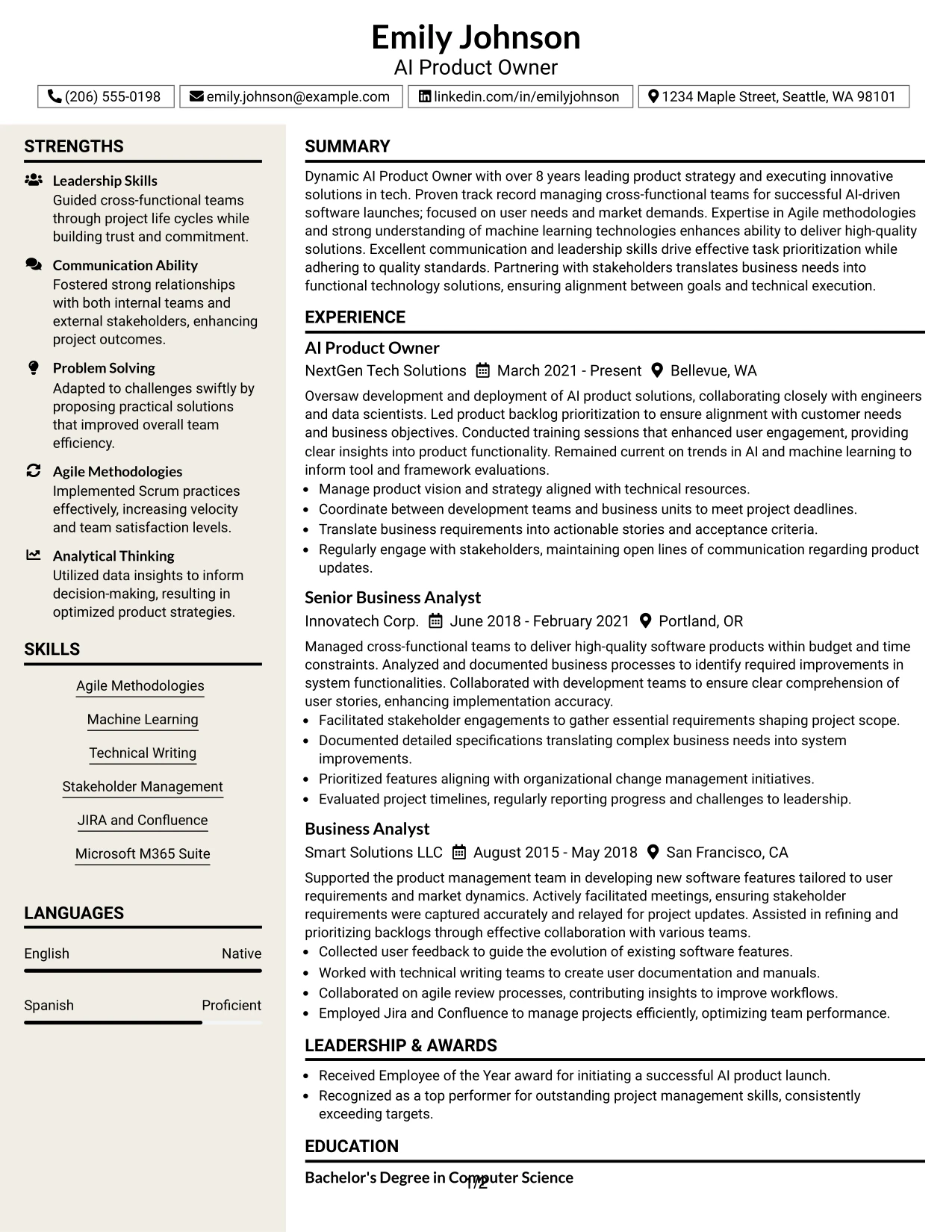 Resume Example Page 1