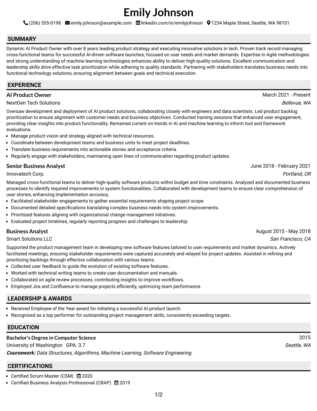 Resume Example Page 1