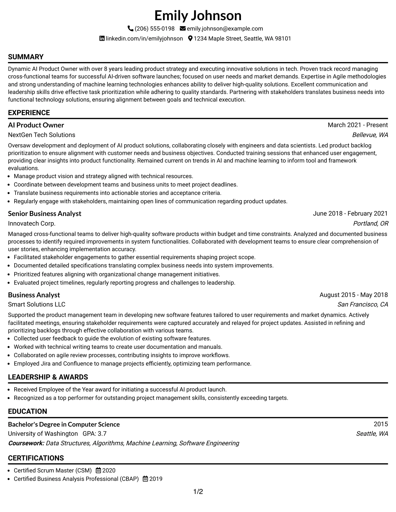 Resume Example Page 1