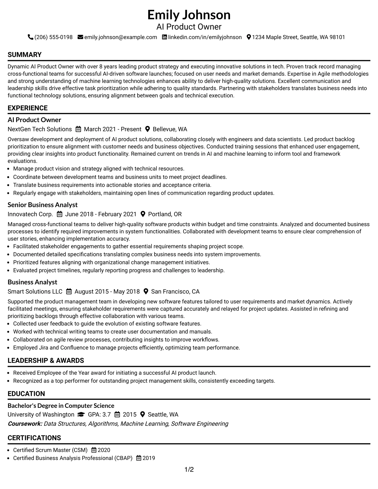Resume Example Page 1