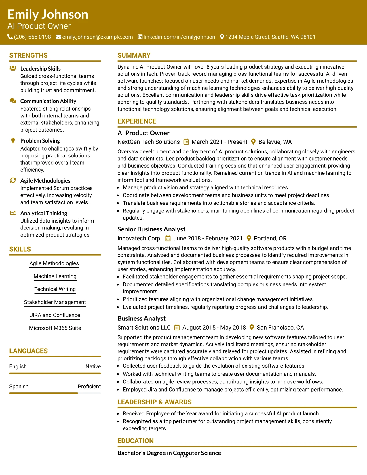 Resume Example Page 1