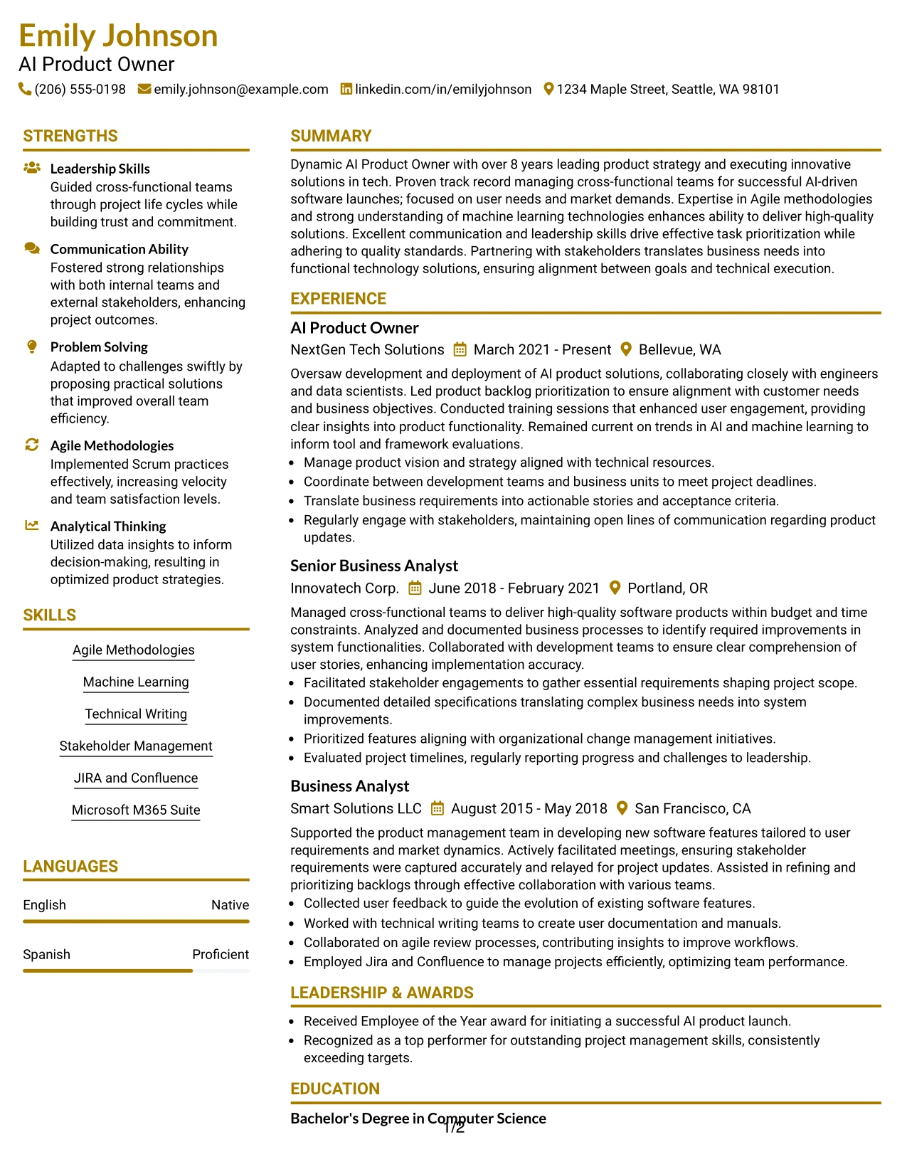 Resume Example Page 1