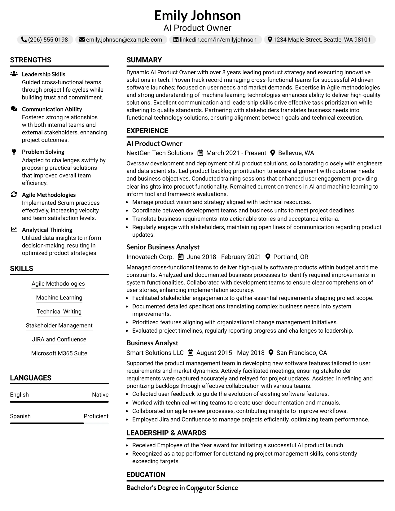 Resume Example Page 1