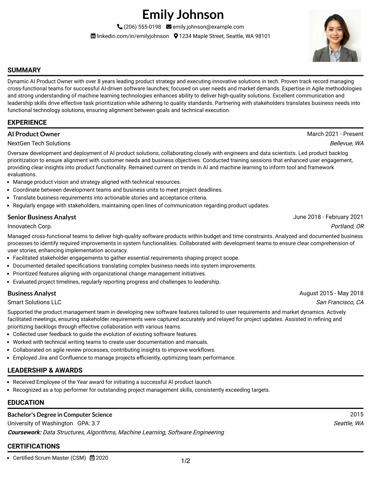 Resume Example Page 1