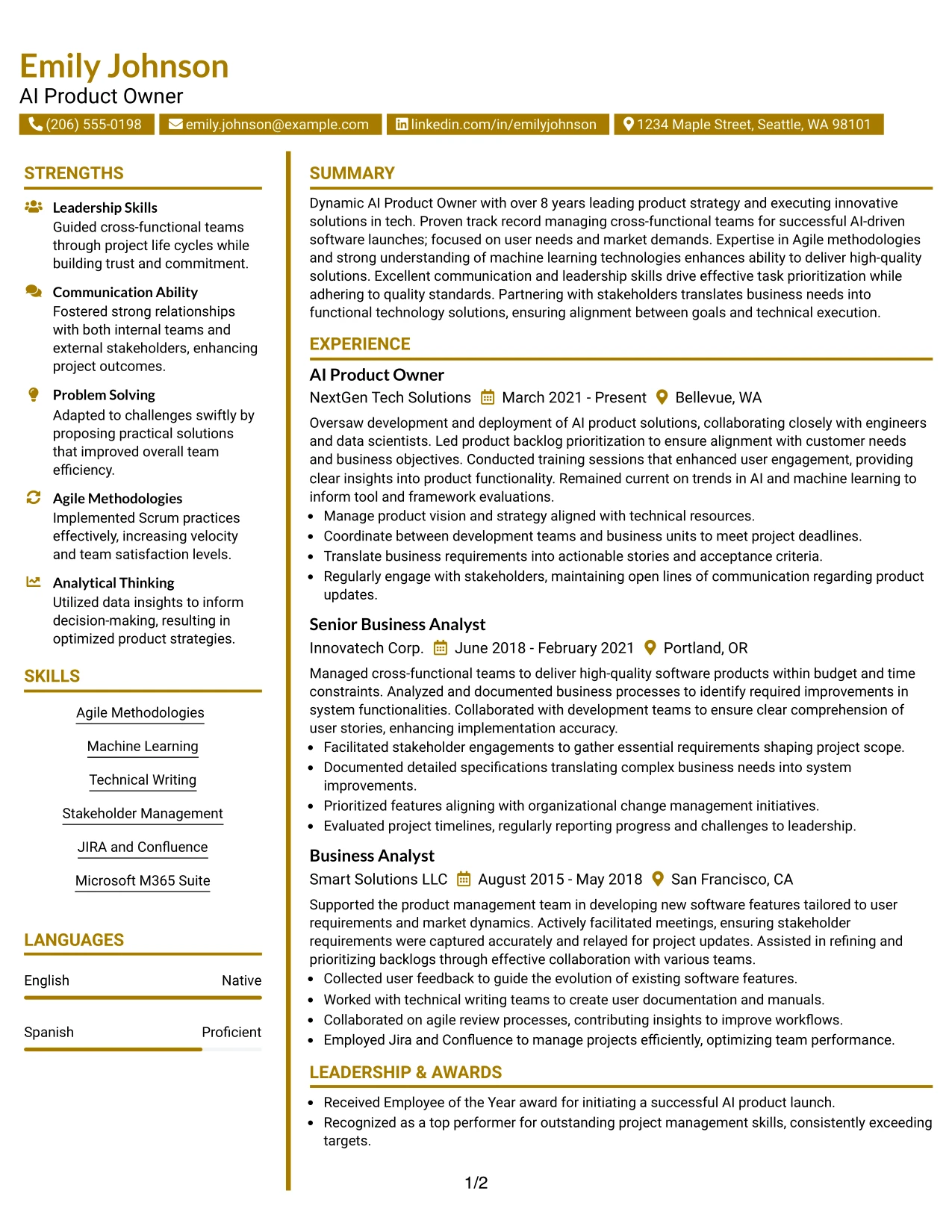 Resume Example Page 1