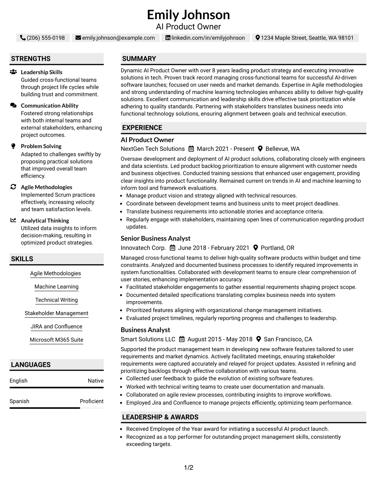 Resume Example Page 1