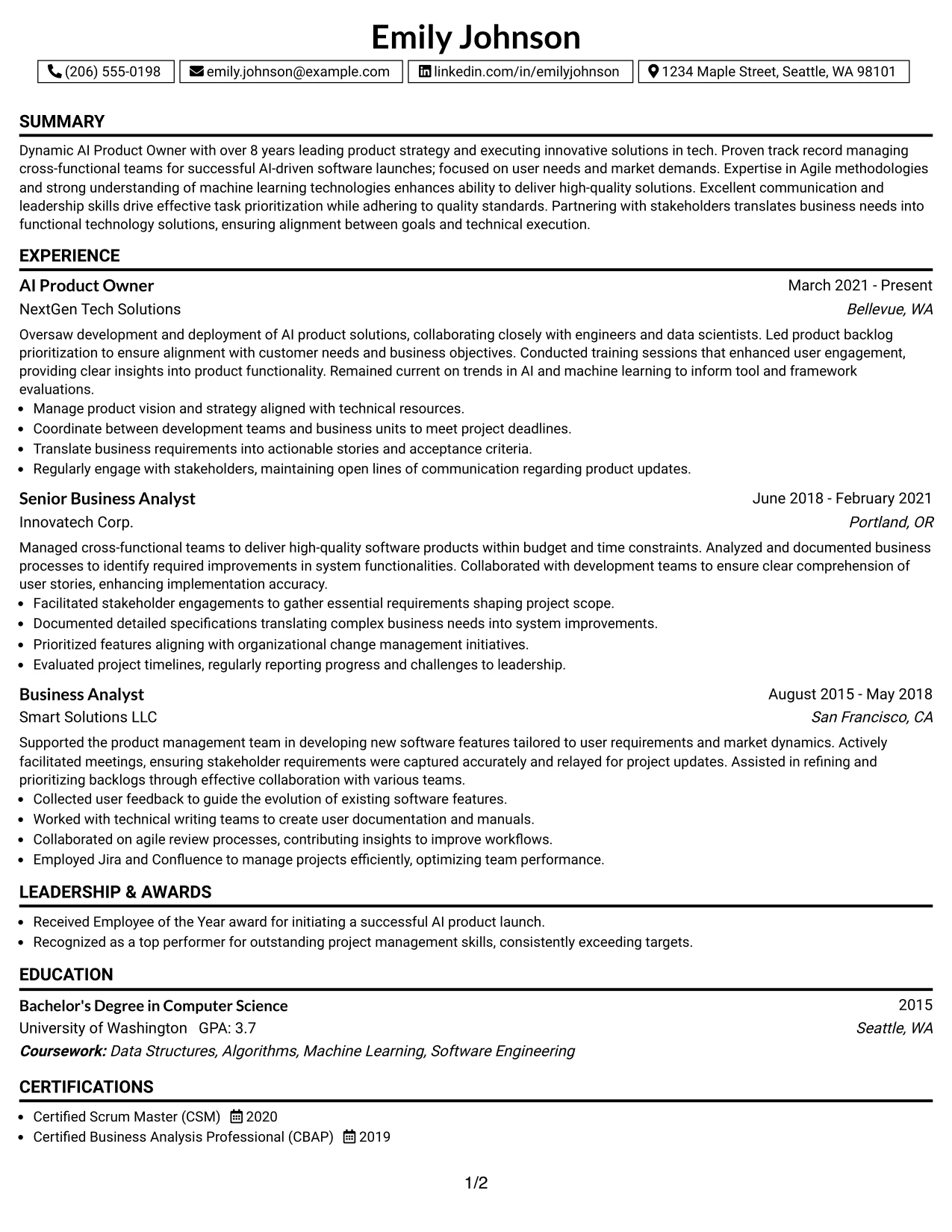 Resume Example Page 1