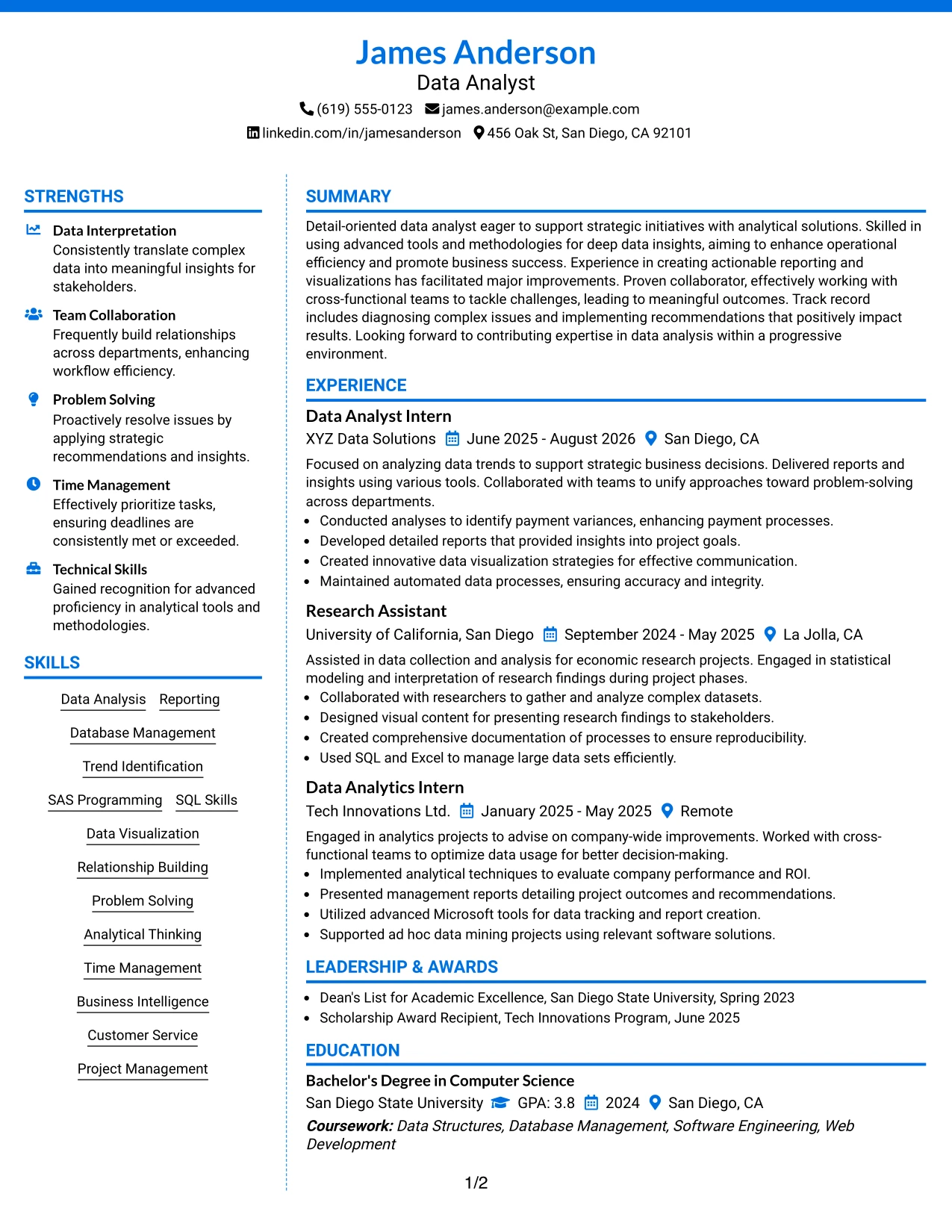 Resume Example Page 1