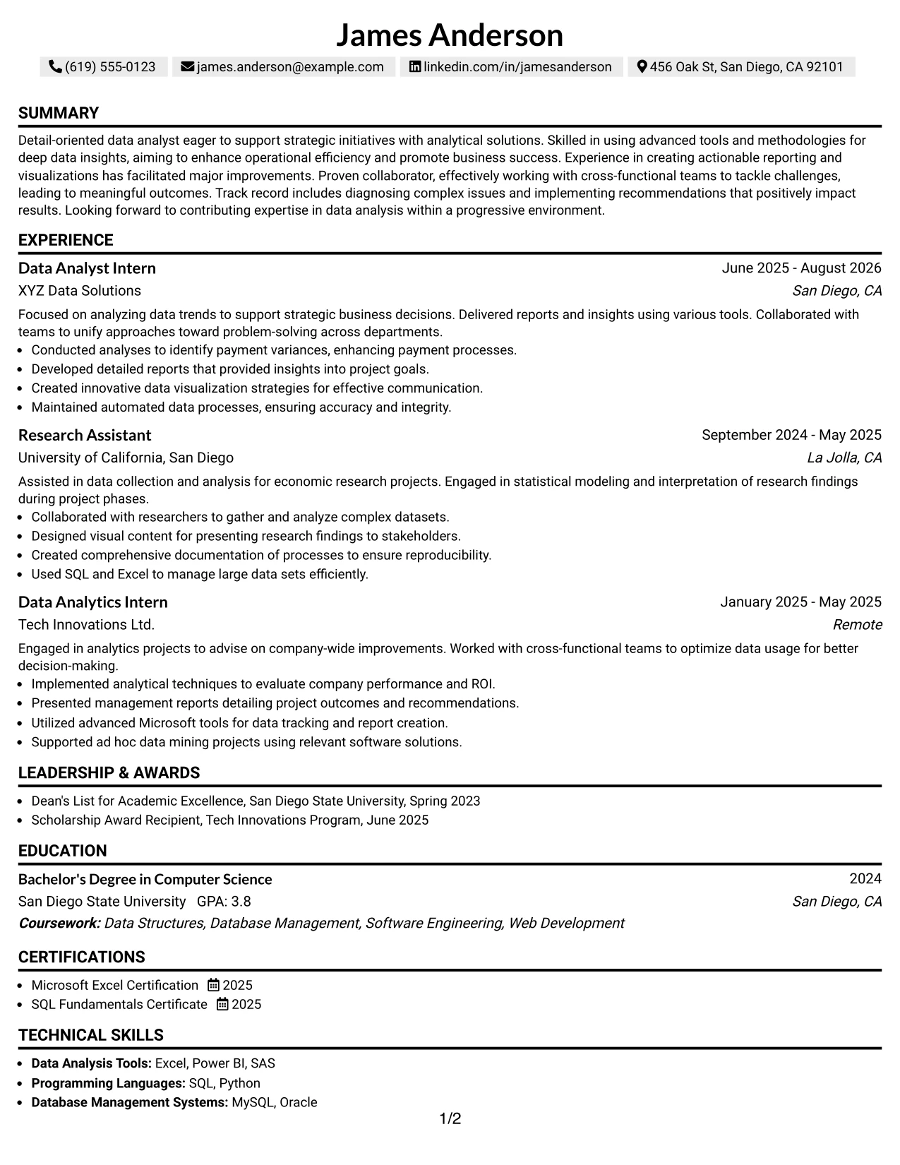 Resume Example Page 1