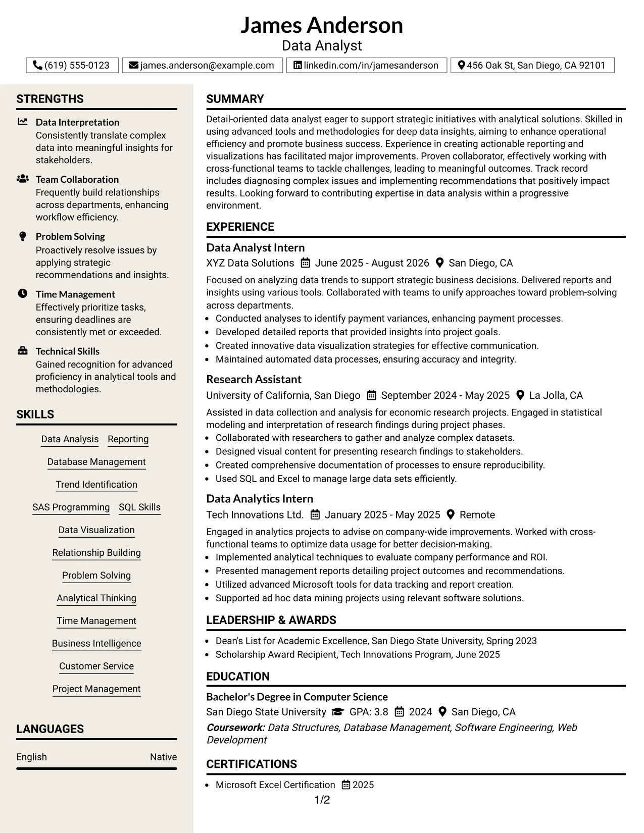 Resume Example Page 1