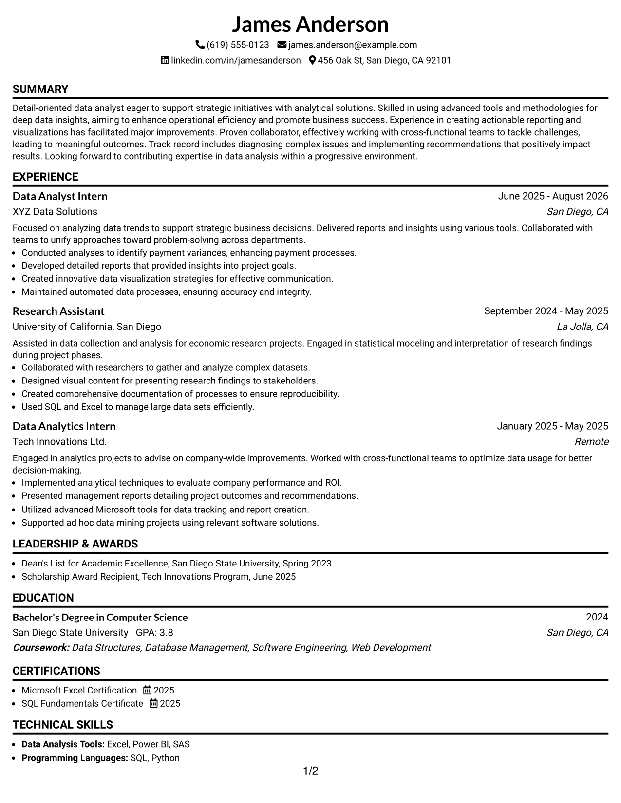 Resume Example Page 1