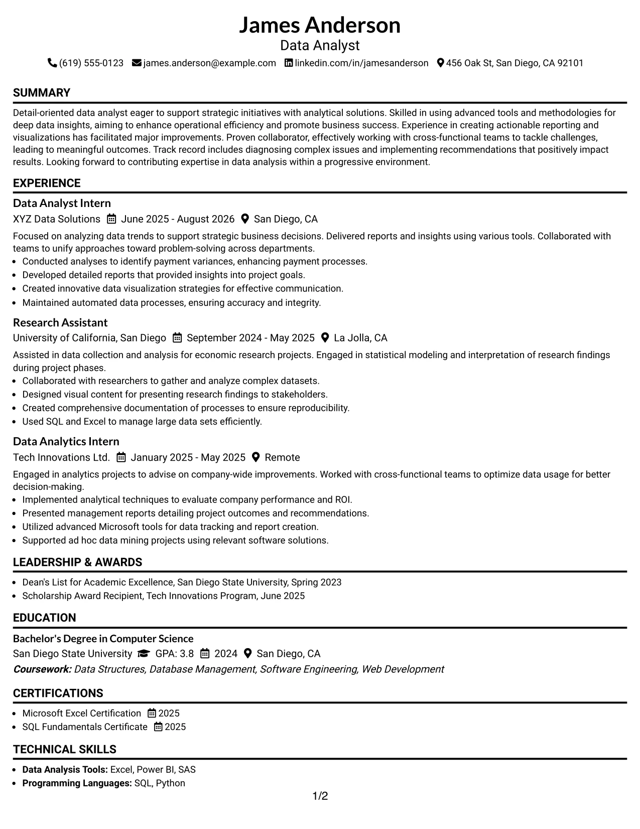 Resume Example Page 1