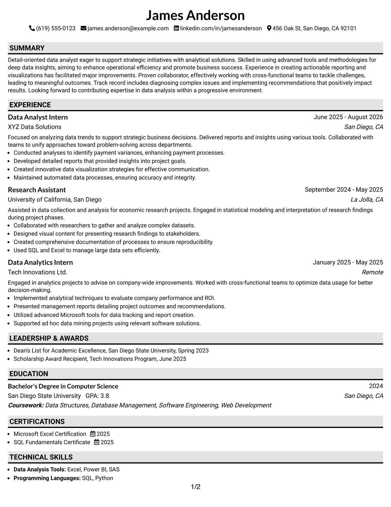 Resume Example Page 1
