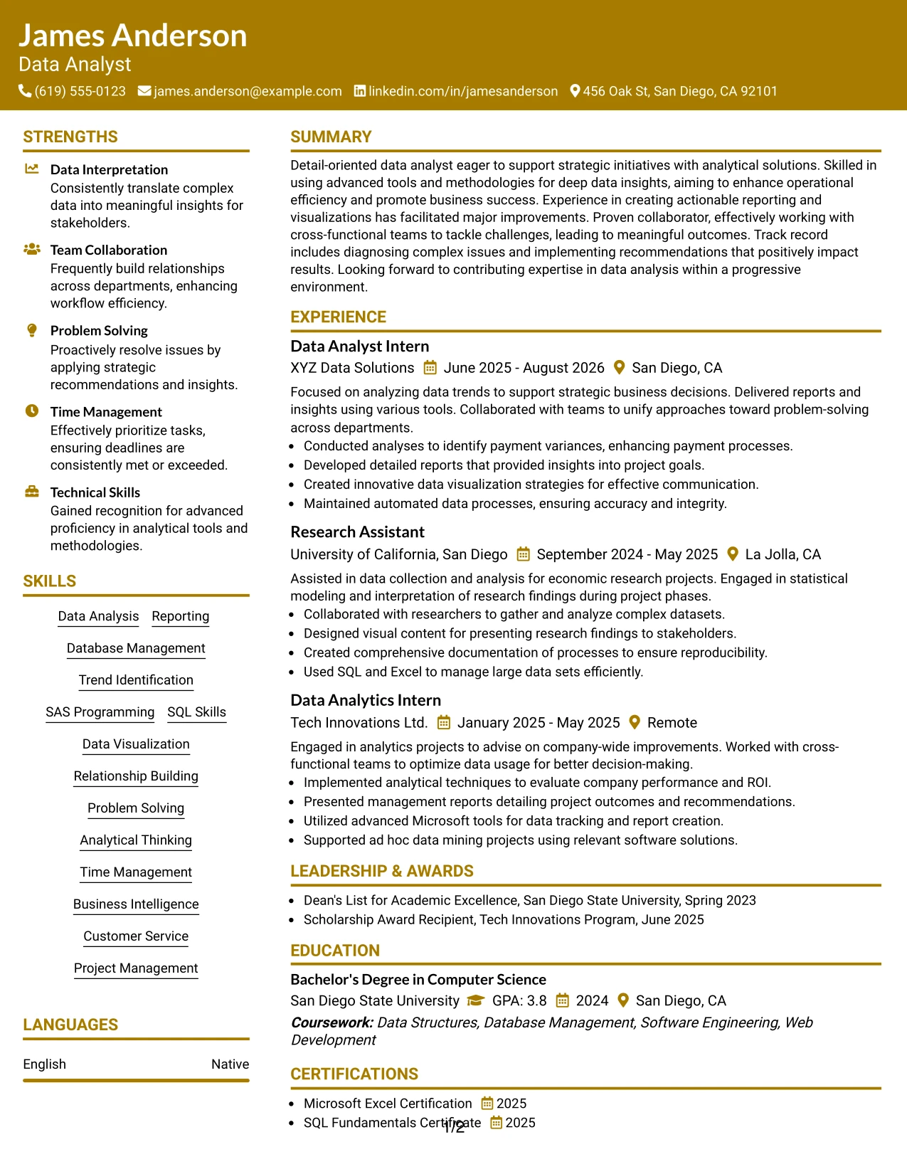 Resume Example Page 1