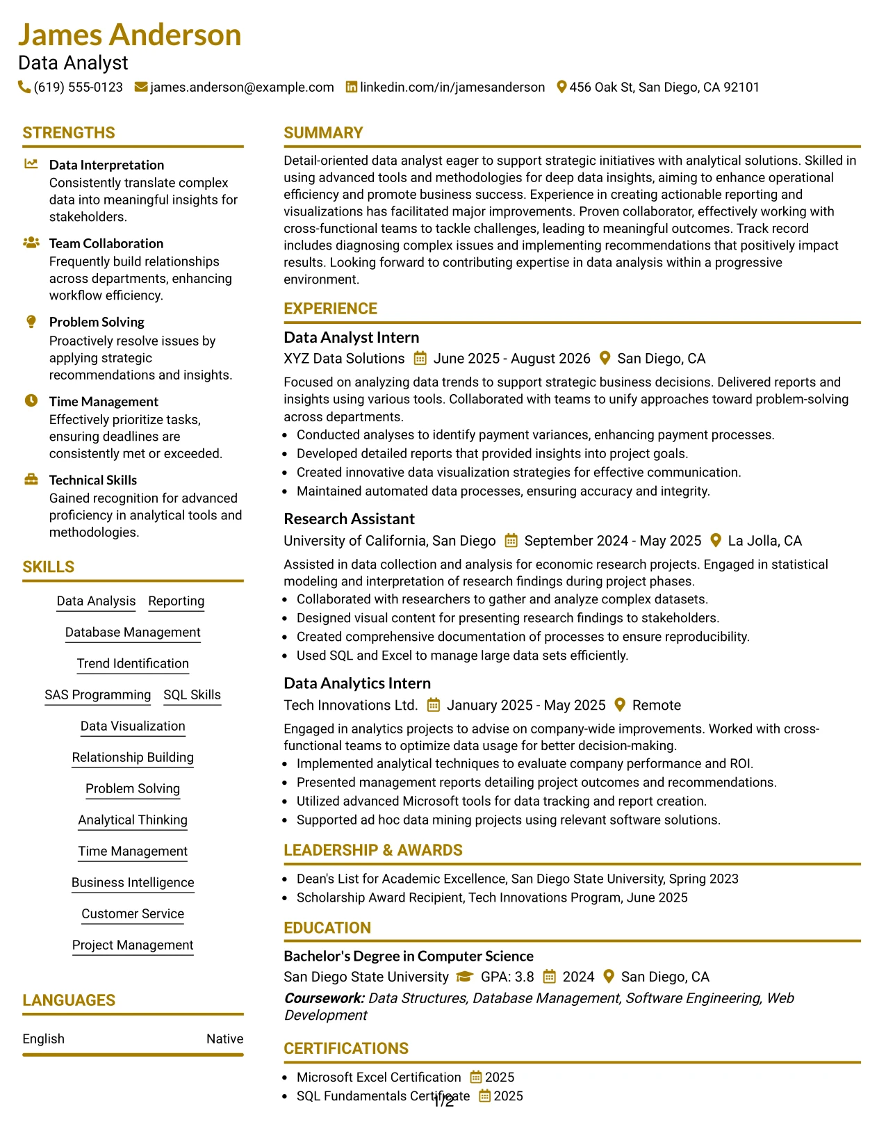 Resume Example Page 1