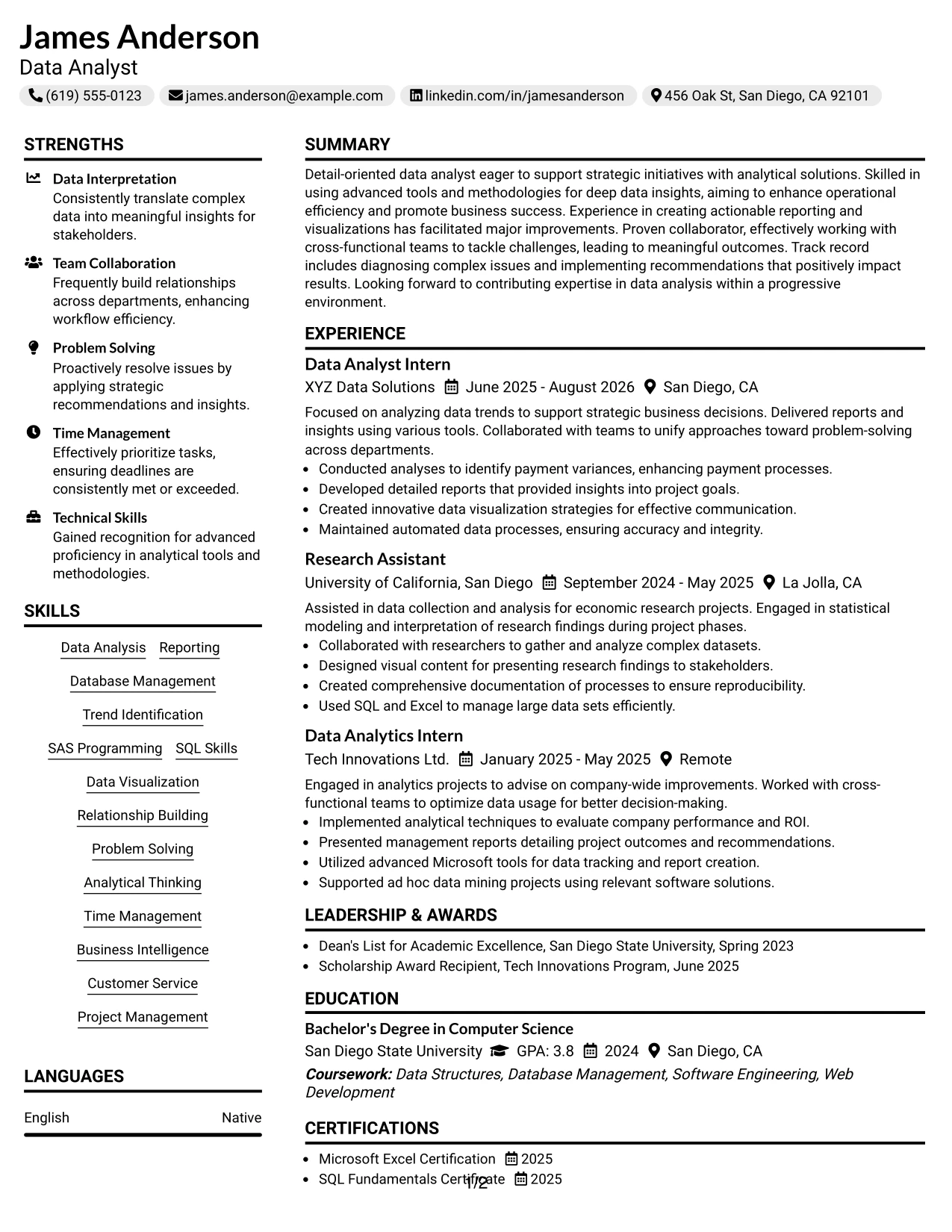 Resume Example Page 1