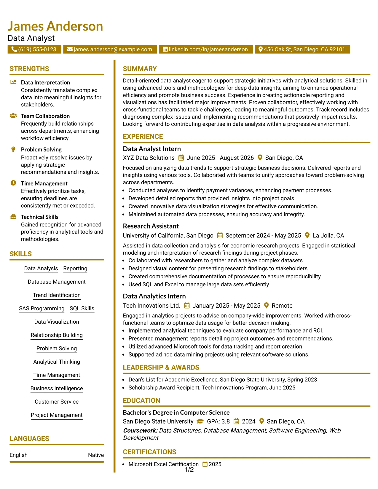 Resume Example Page 1