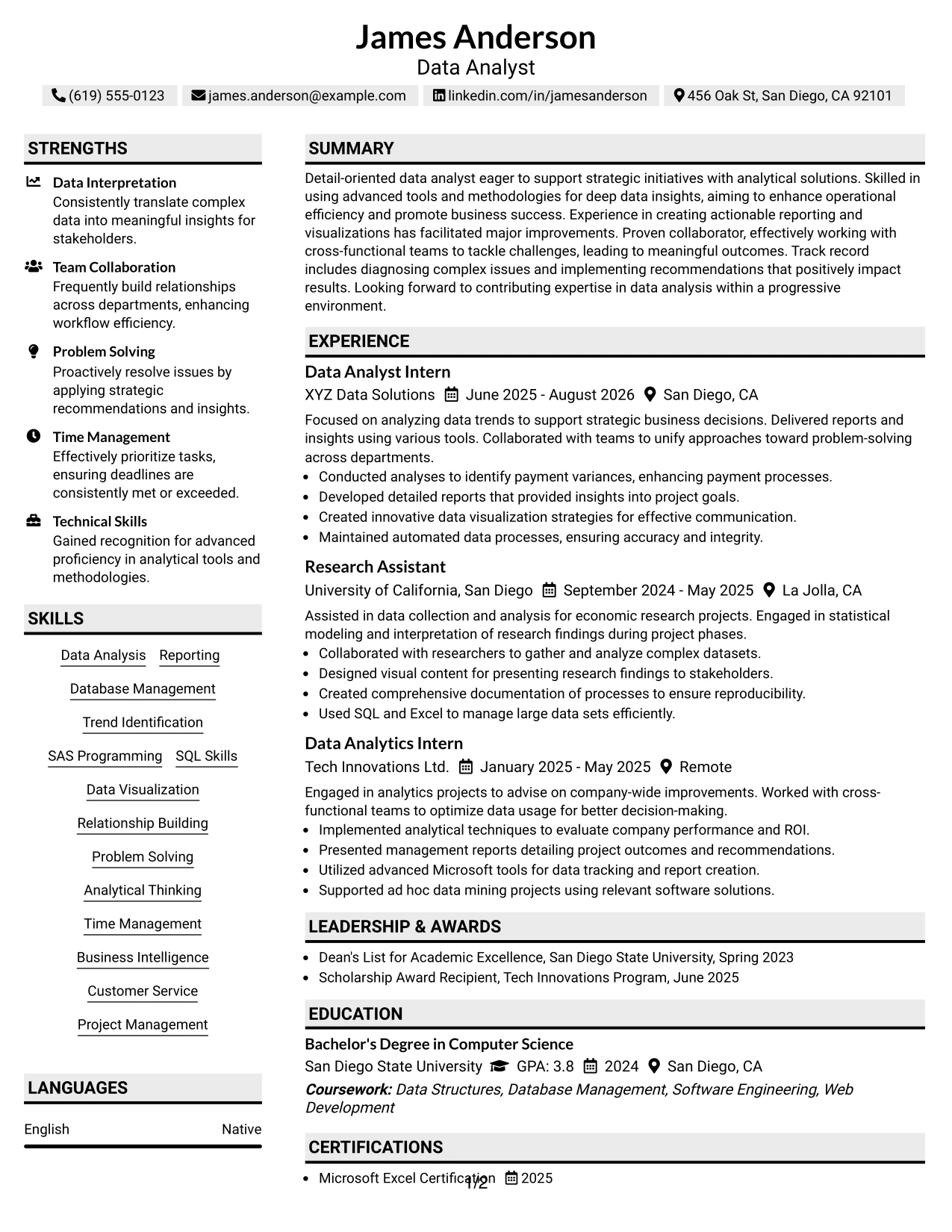 Resume Example Page 1