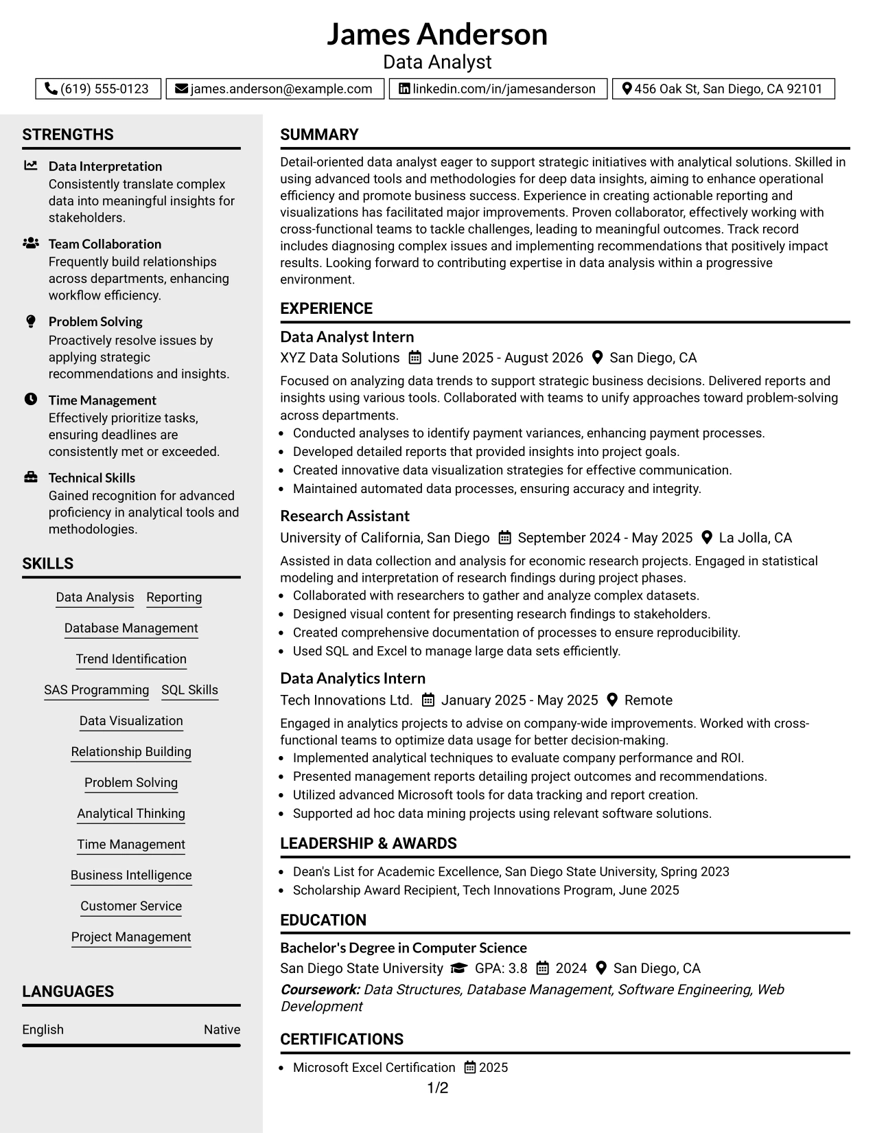 Resume Example Page 1