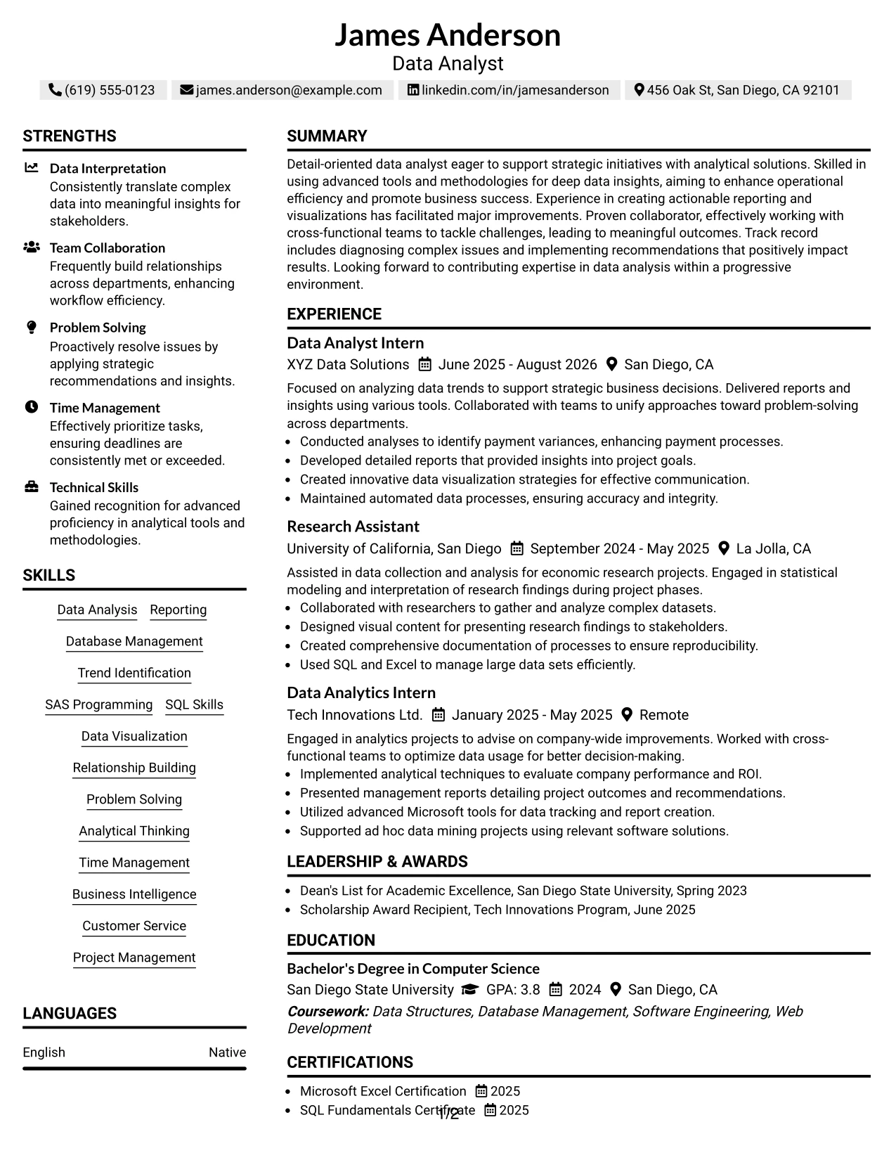 Resume Example Page 1