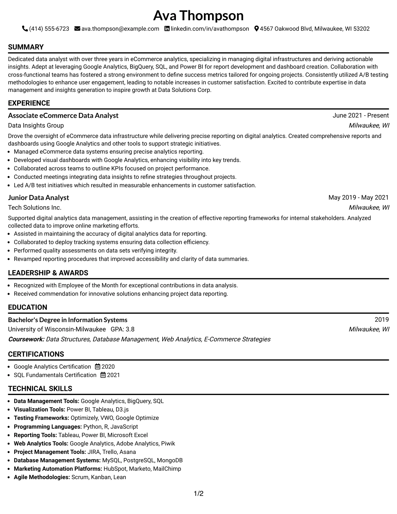 Resume Example Page 1