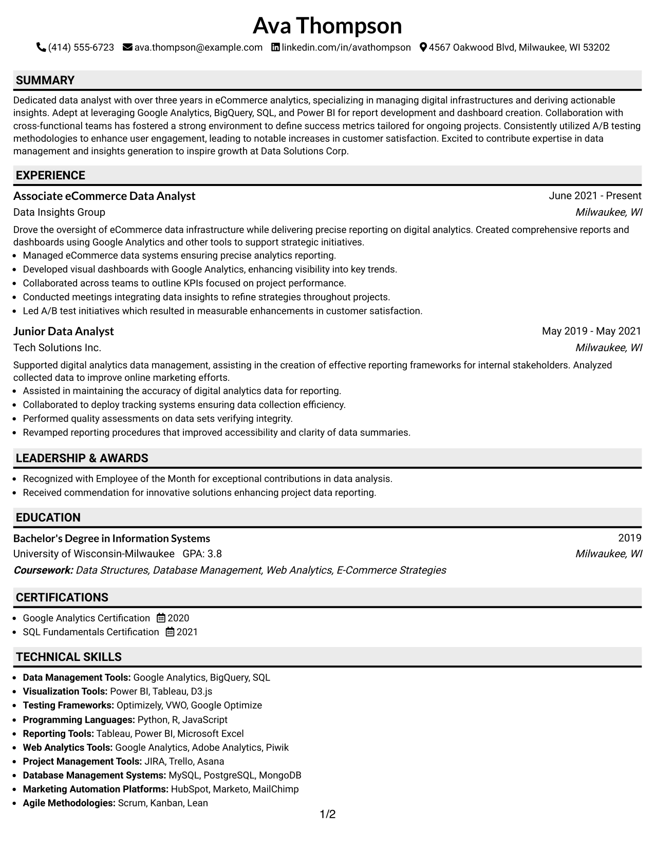 Resume Example Page 1
