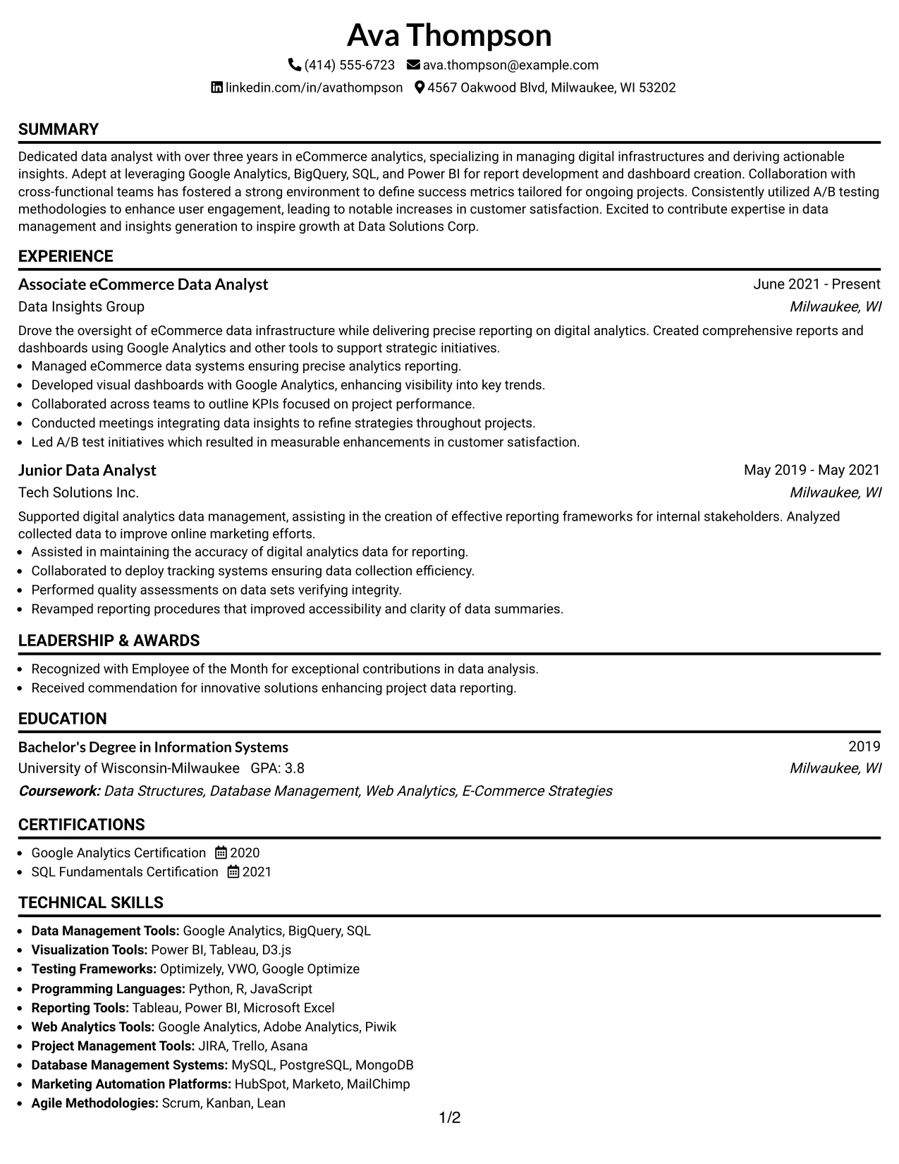 Resume Example Page 1