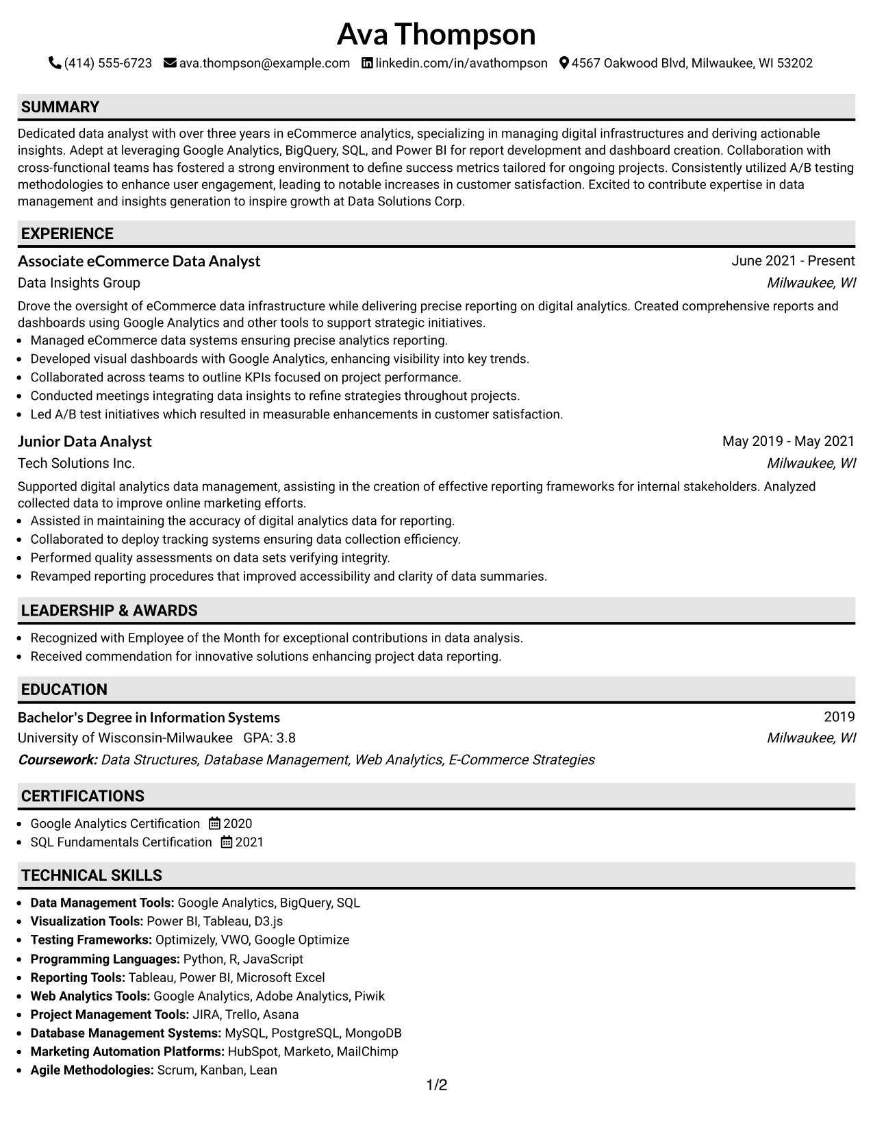Resume Example Page 1