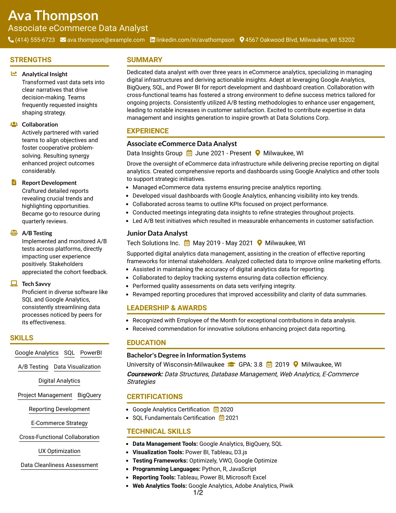 Resume Example Page 1