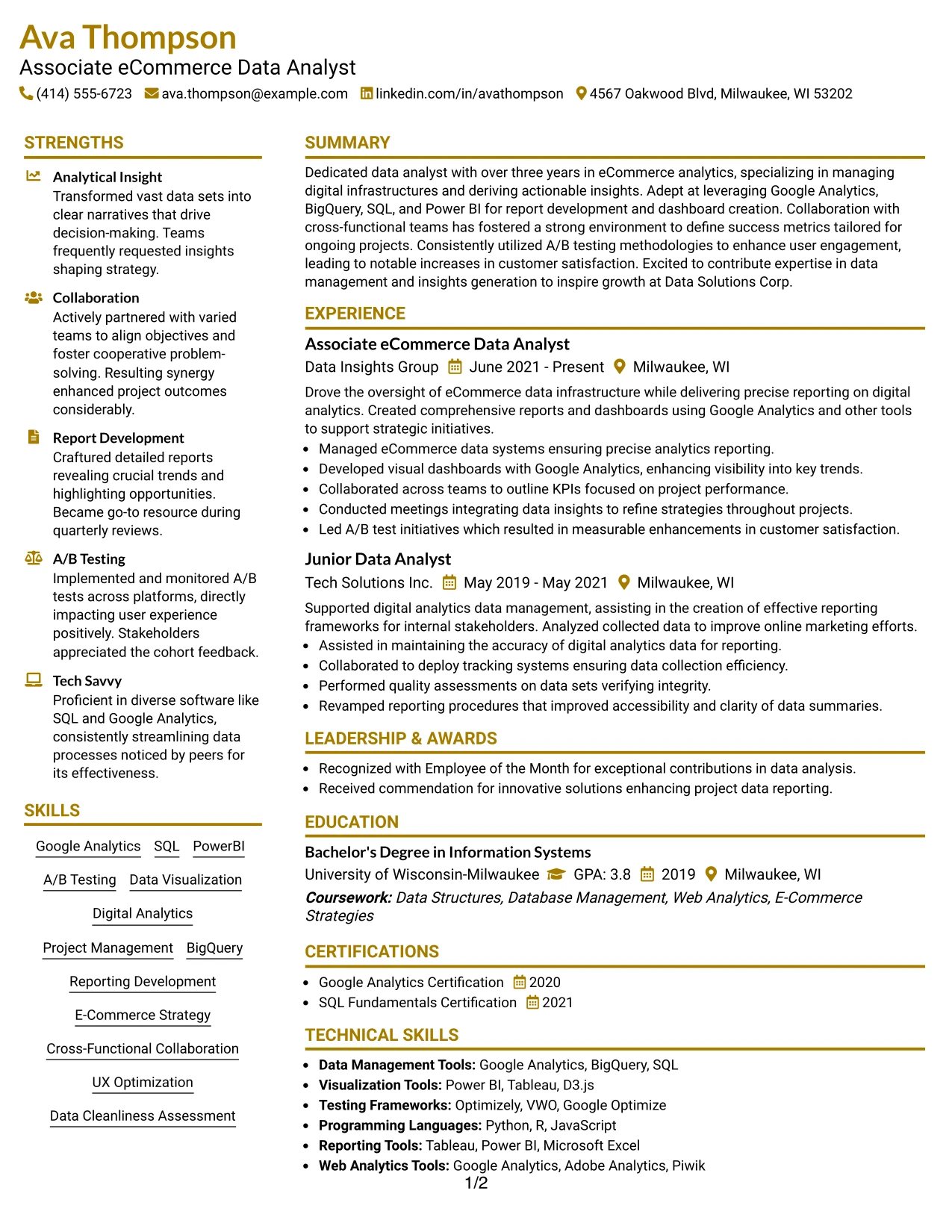 Resume Example Page 1