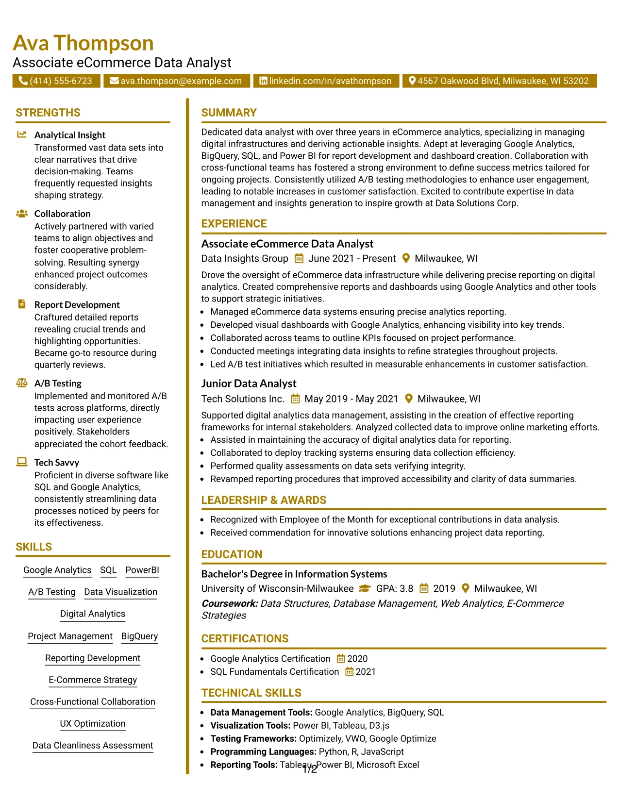Resume Example Page 1
