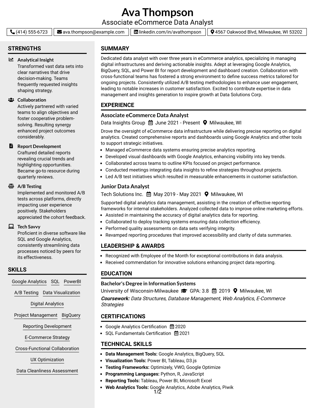 Resume Example Page 1