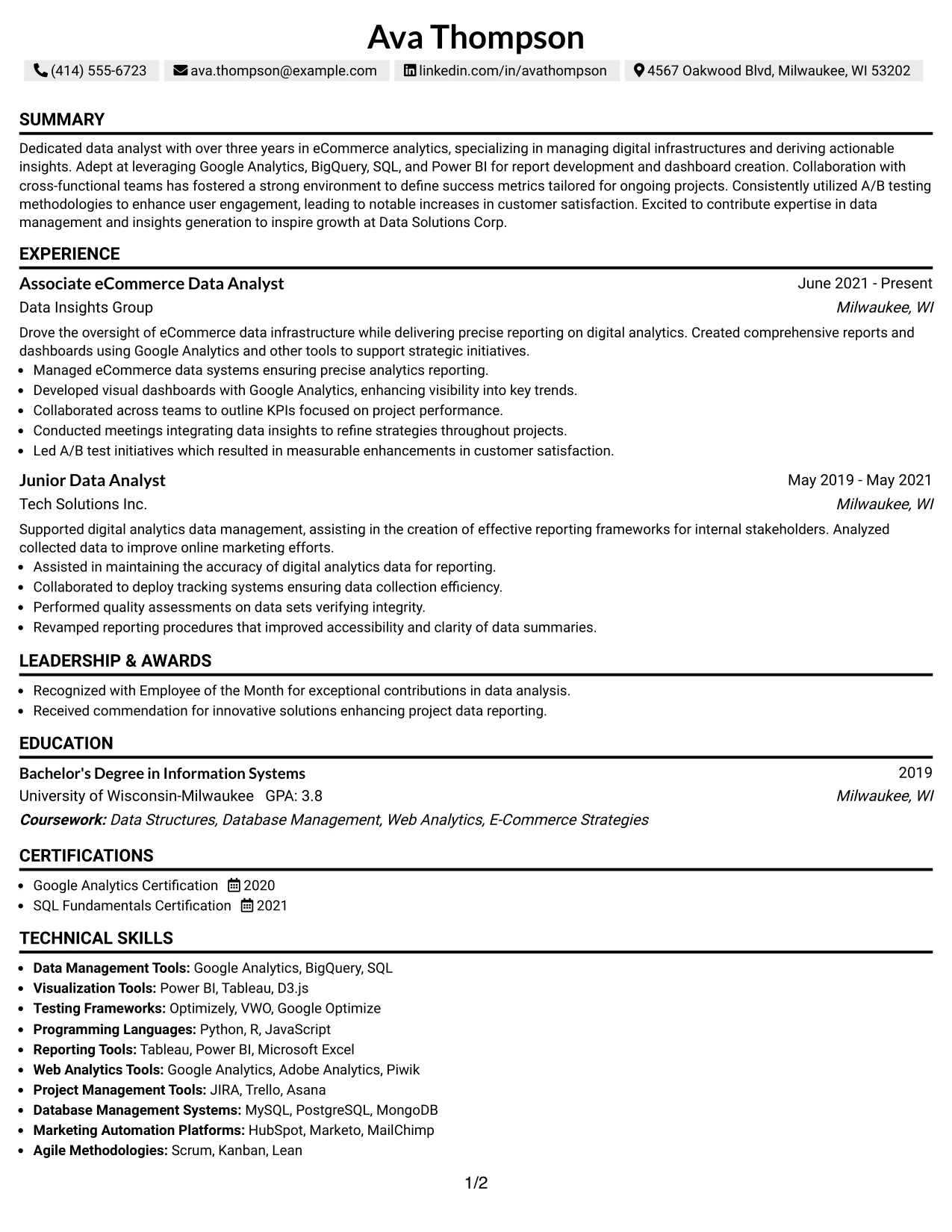 Resume Example Page 1