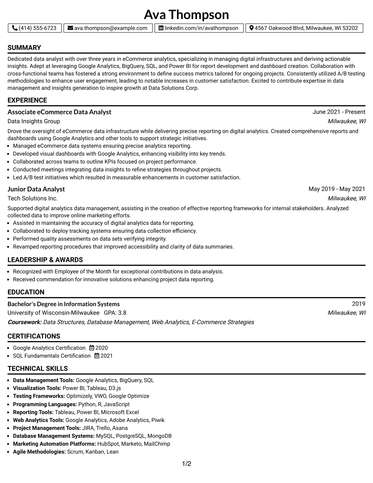 Resume Example Page 1