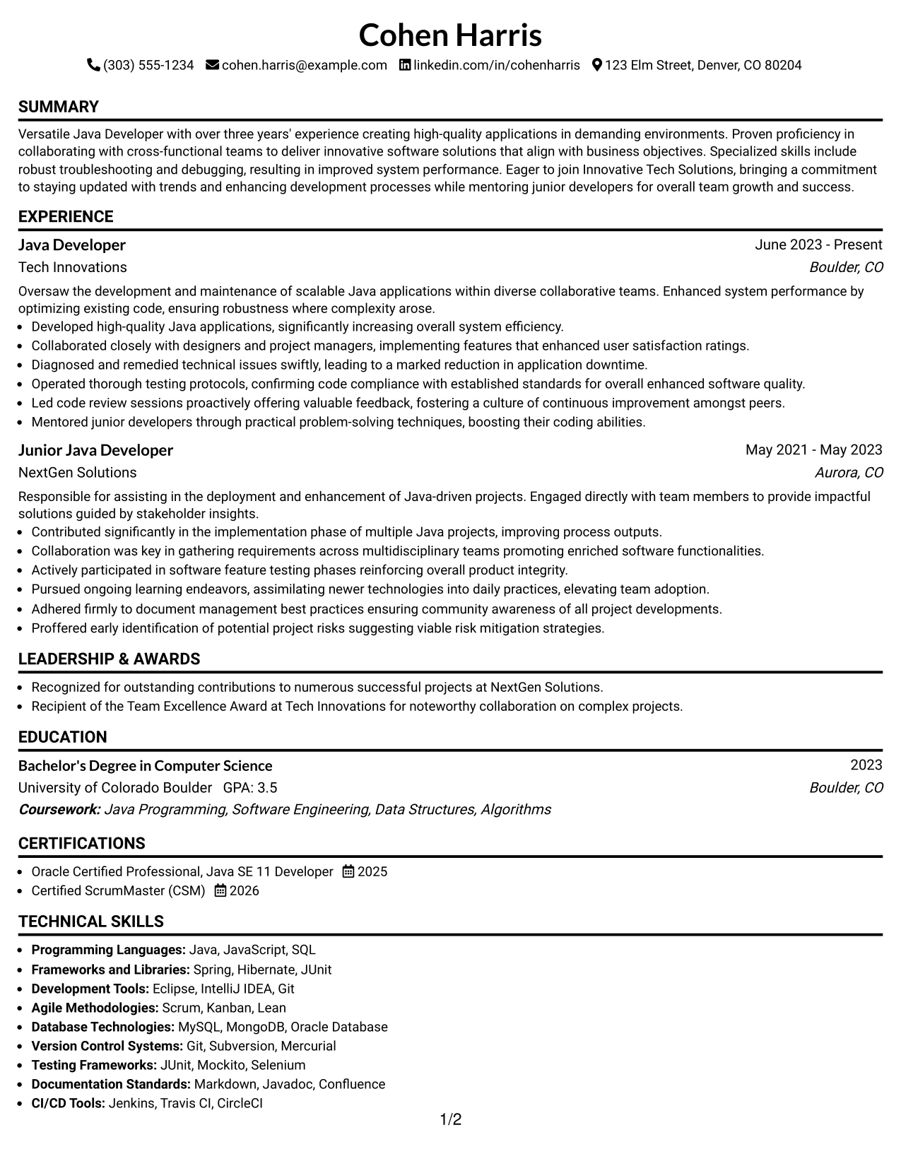 Resume Example Page 1
