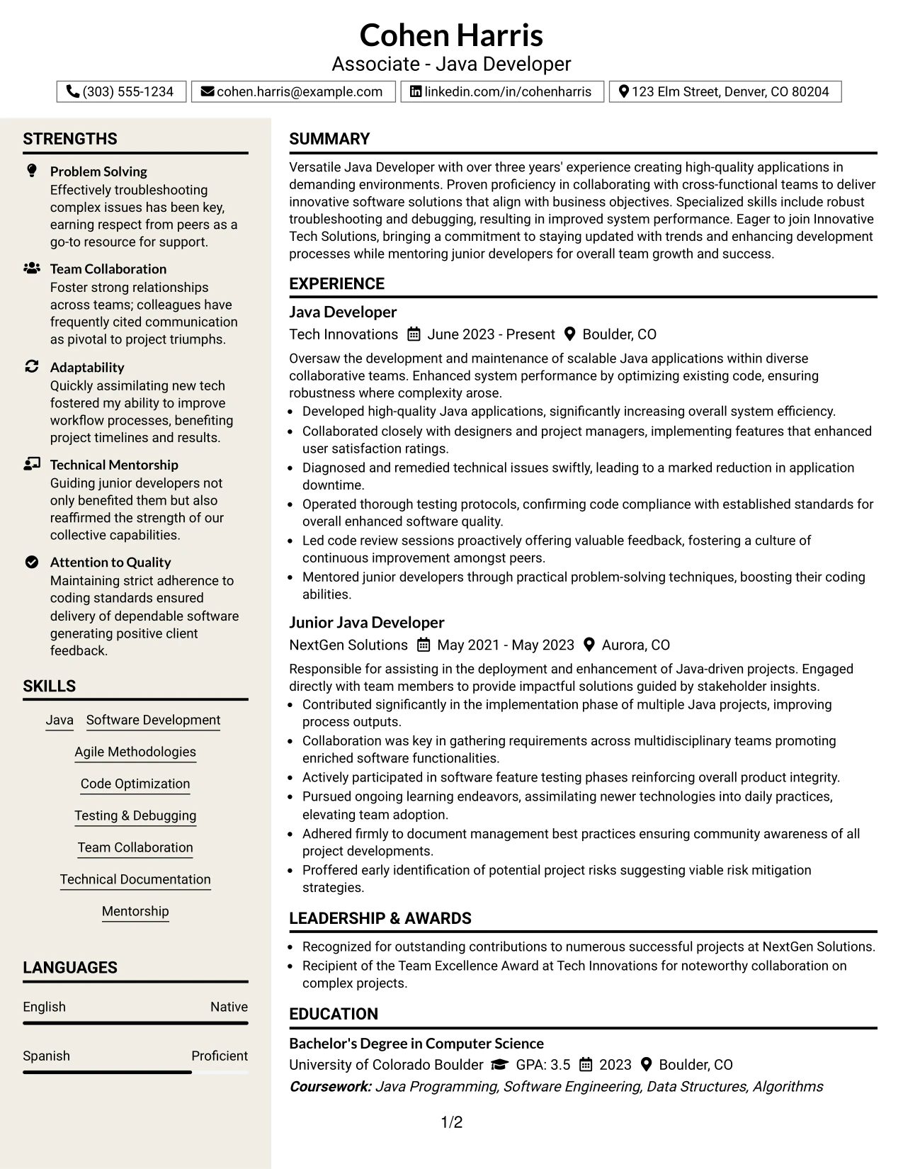 Resume Example Page 1