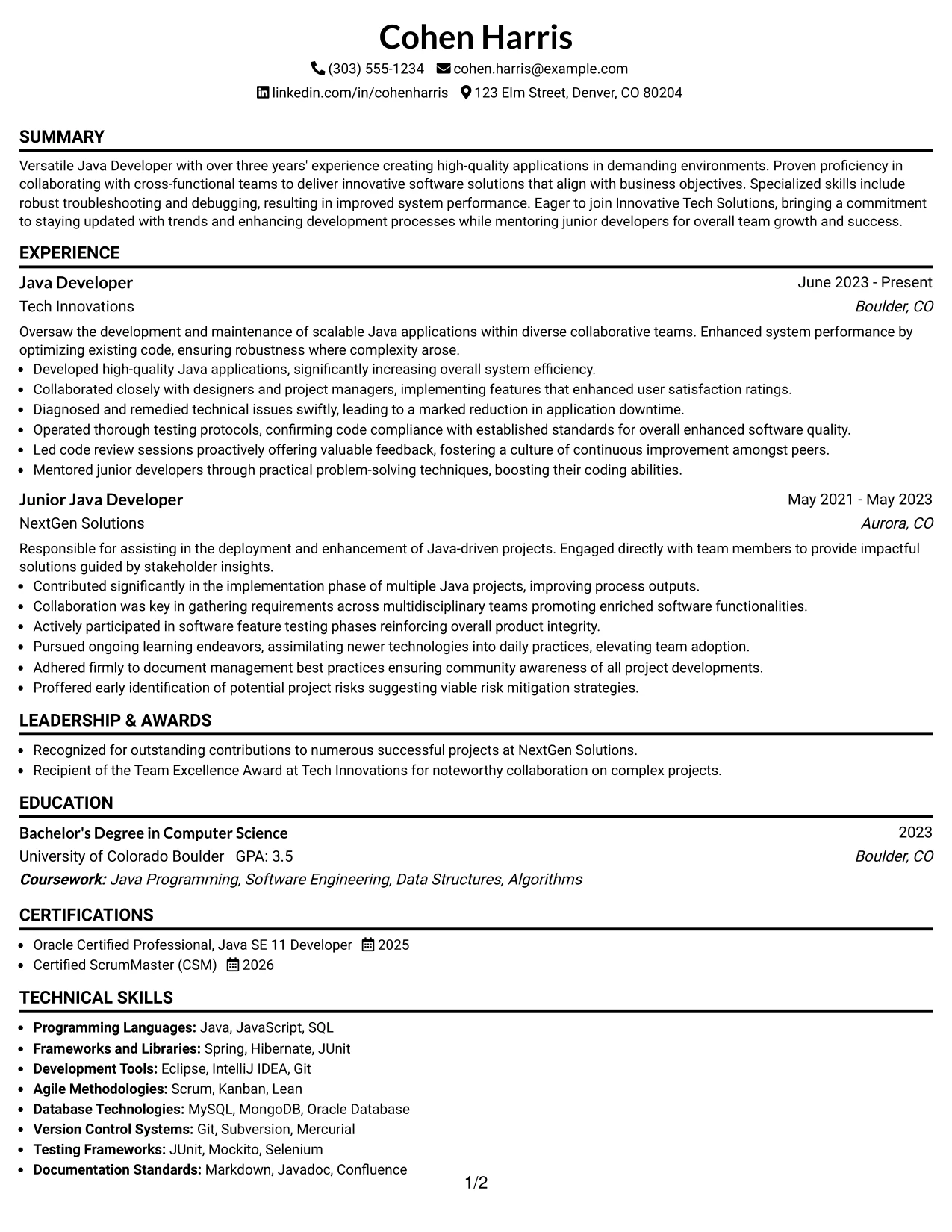 Resume Example Page 1