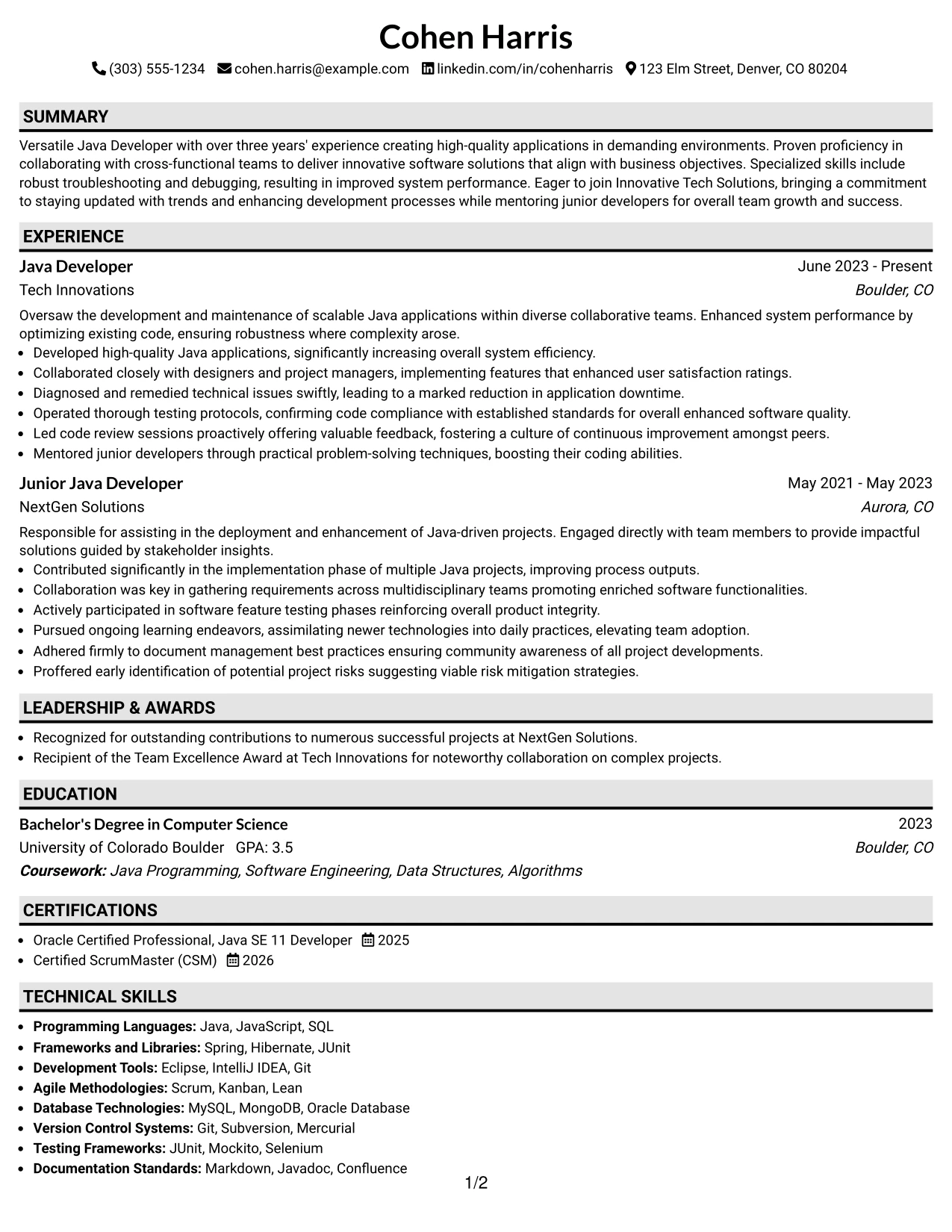 Resume Example Page 1