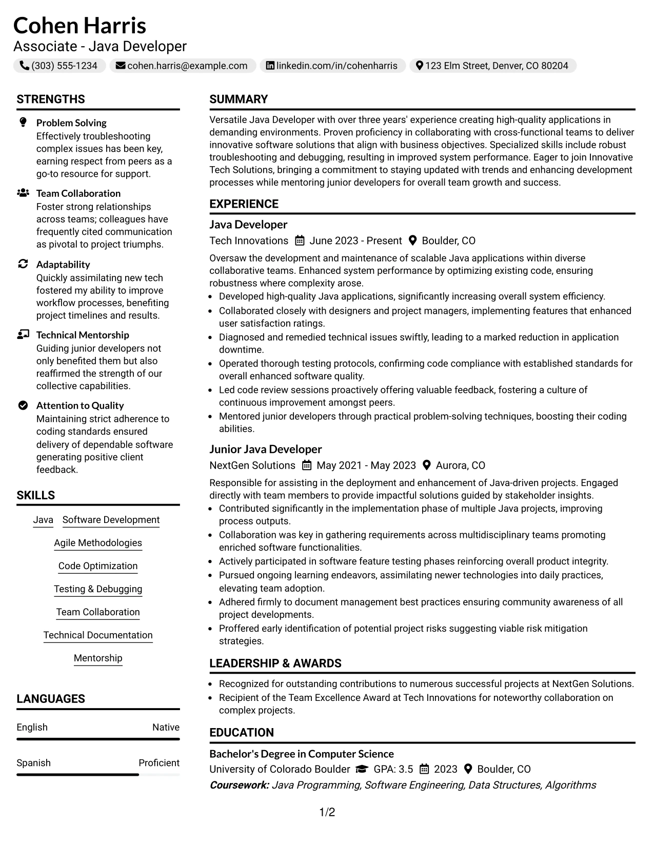 Resume Example Page 1