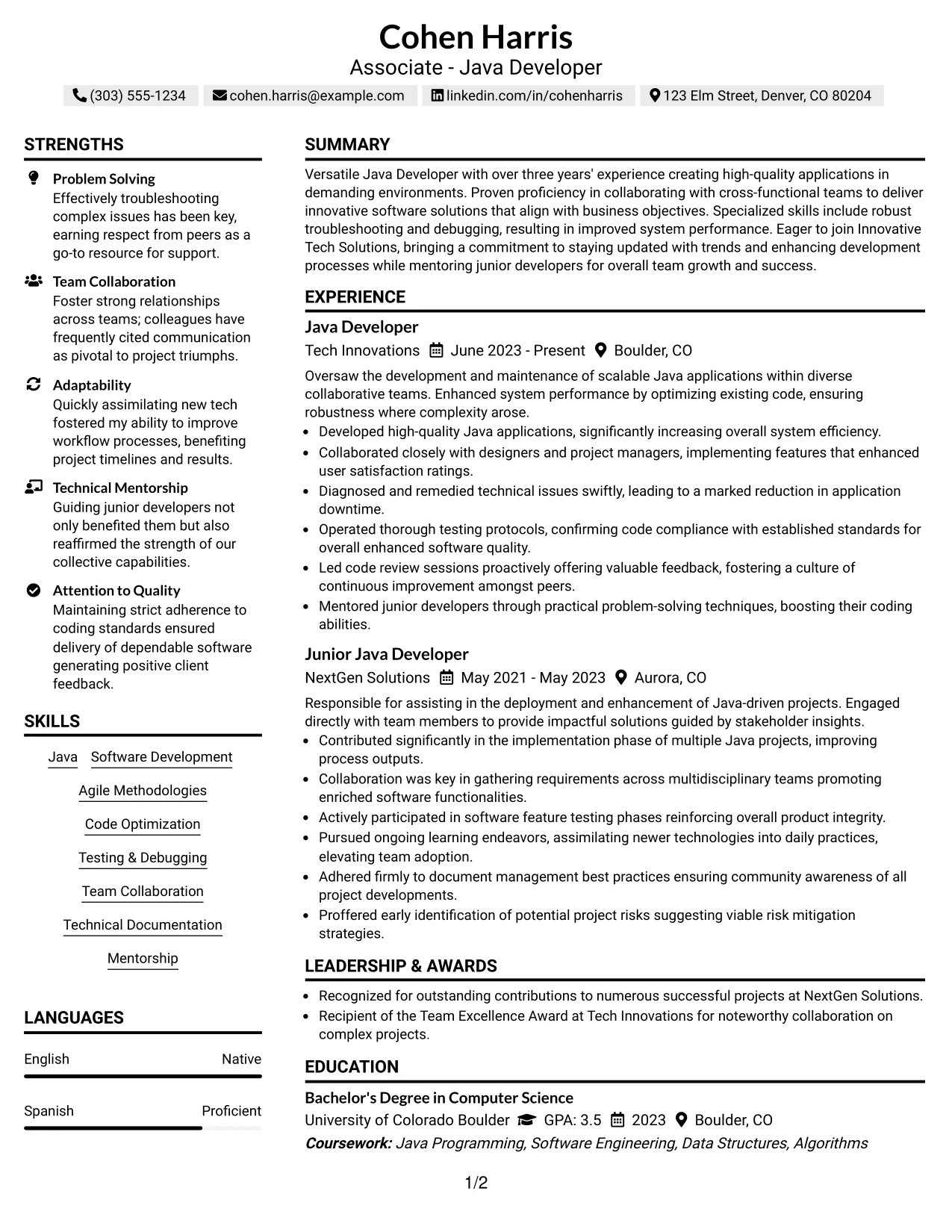 Resume Example Page 1