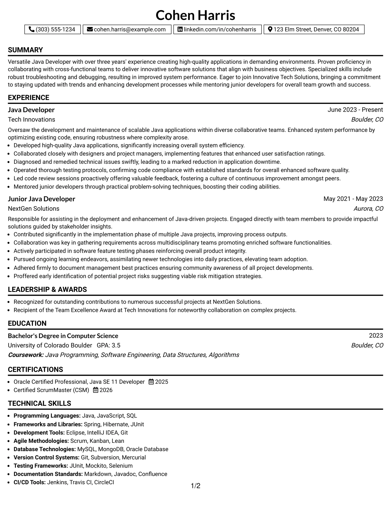 Resume Example Page 1