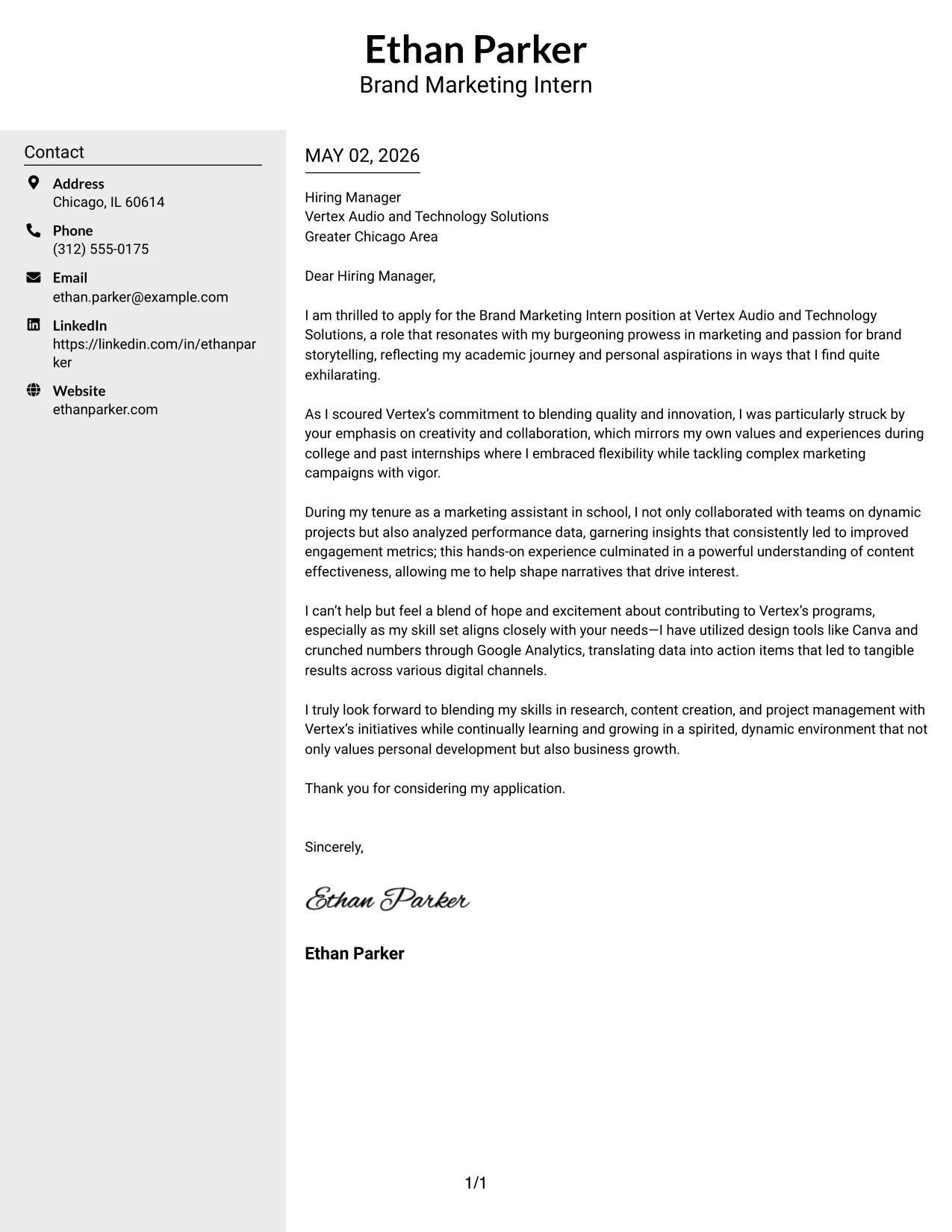 Brand Marketing Intern Cover Letter Example Clean Two Column Sidebar Format